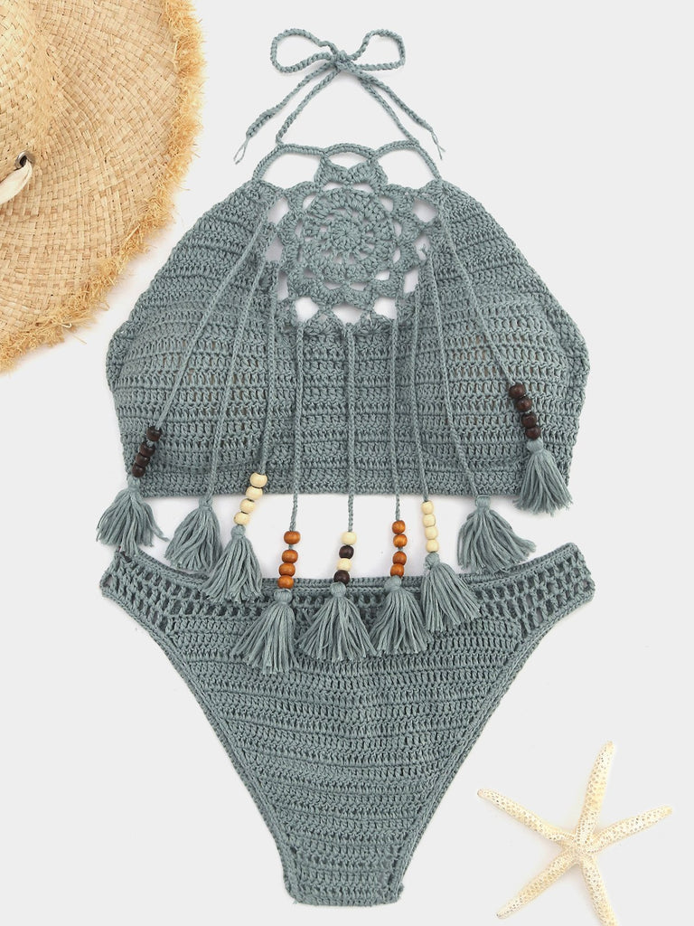 Green Halter Sleeveless Tassel Tie-Up Bikini Swimwear