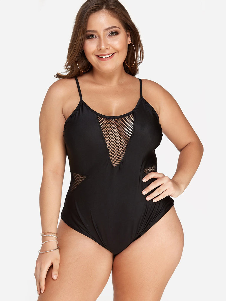 Round Neck Plain Hollow Spaghetti Strap Criss-Cross Sleeveless Black Plus Size Swimwear