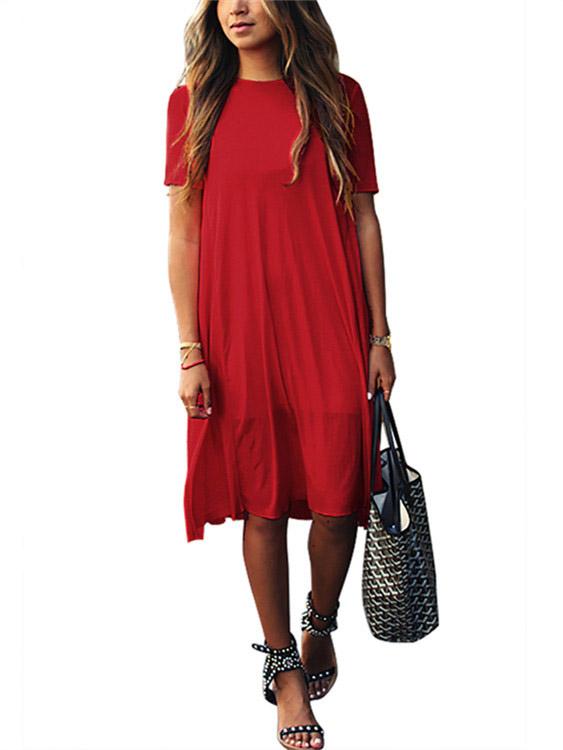 Red Crew Neck Short Sleeve Shirt Dresses