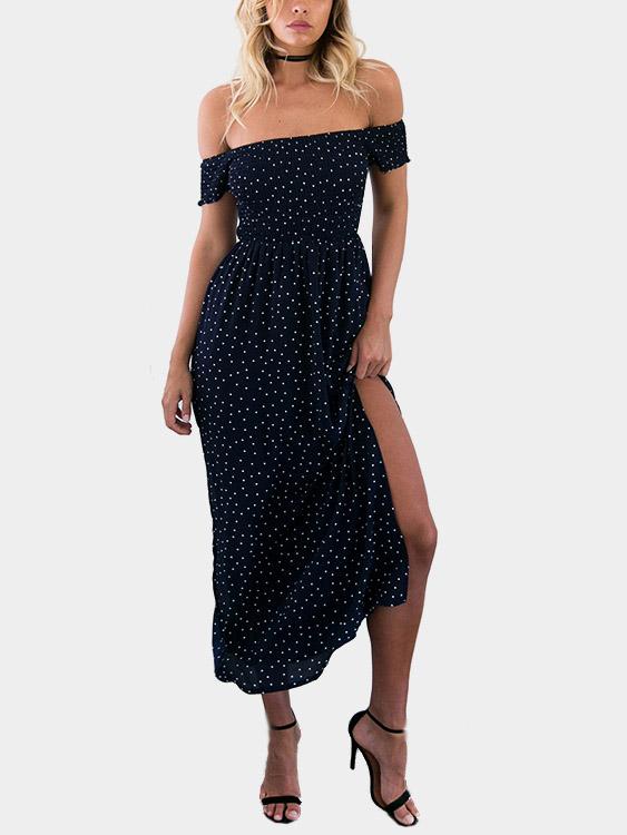 Black Off The Shoulder Short Sleeve Polka Dot Slit Hem Maxi Dress