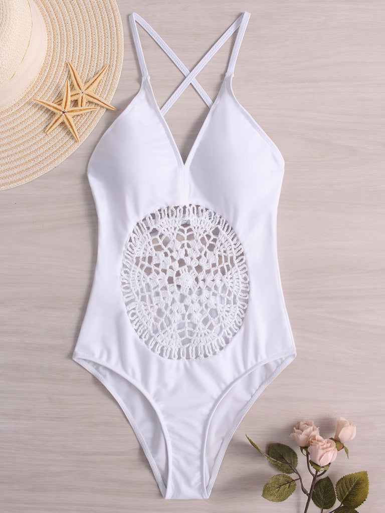 Halter Deep V Neck Sleeveless Plain Backless Hollow One-Pieces Swimwears