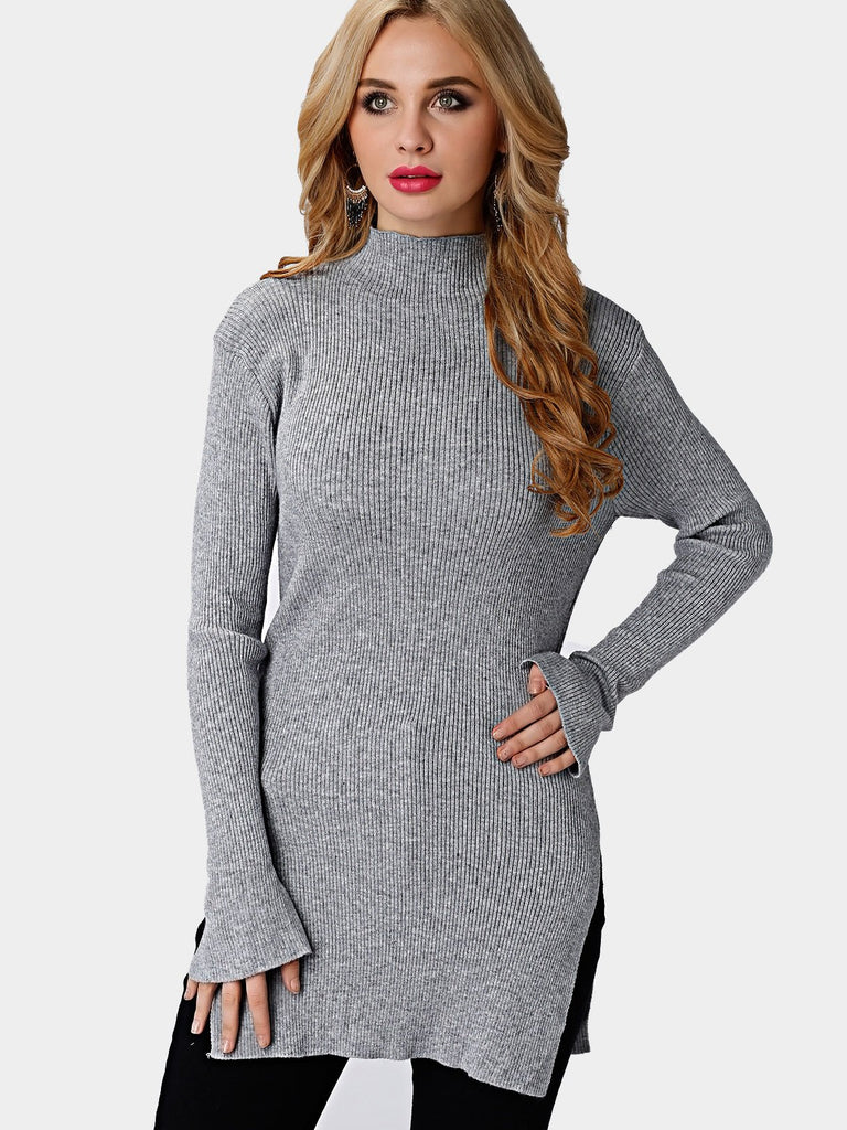 Plain Long Sleeve Slit Hem T-Shirts