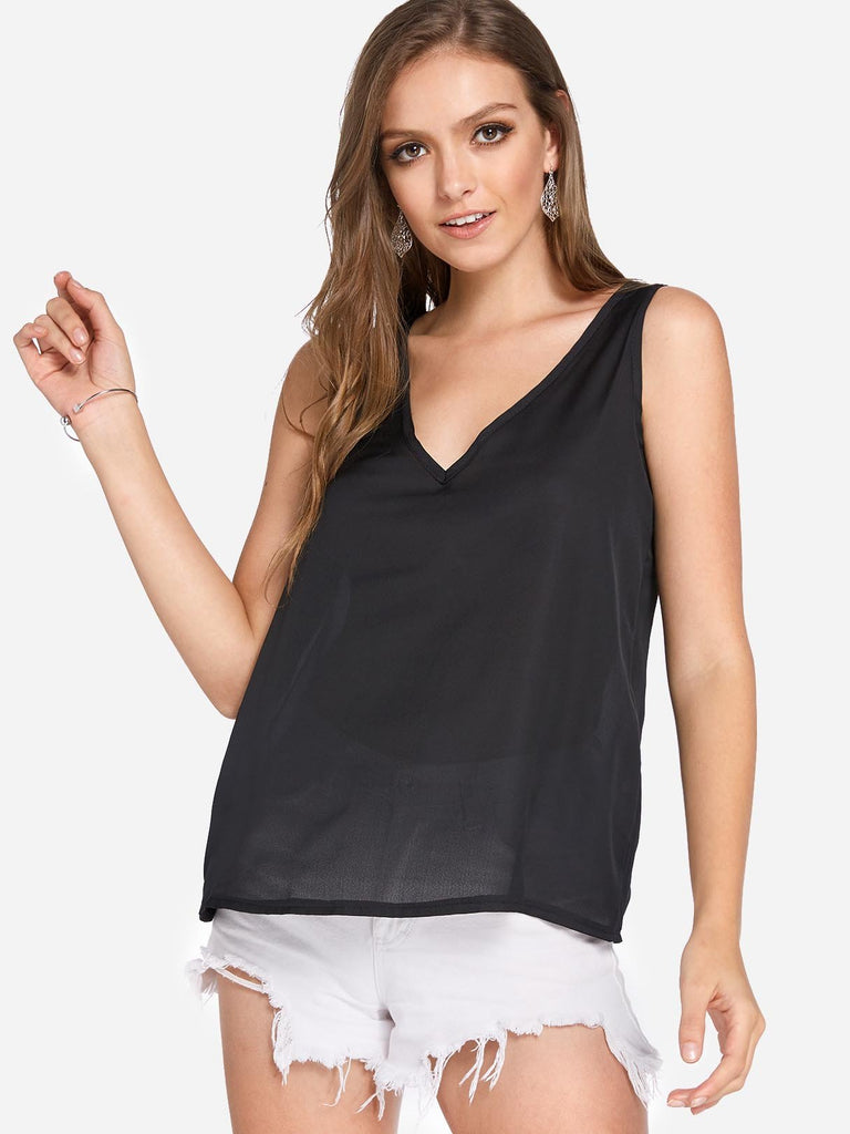 V-Neck Plain Spaghetti Strap Sleeveless Black Camis