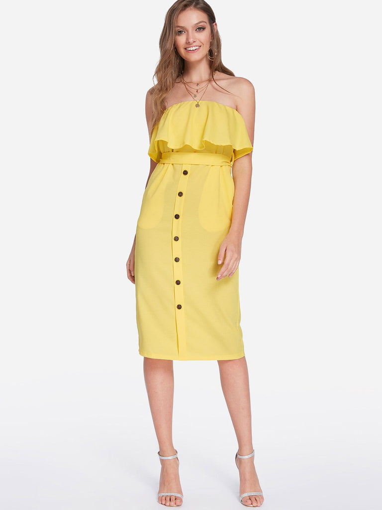 Yellow Strapless Sleeveless Self-Tie Midi Dress