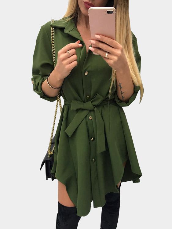 Army Green Classic Collar Long Sleeve Plain Lace-Up Irregular Hem Mini Dress