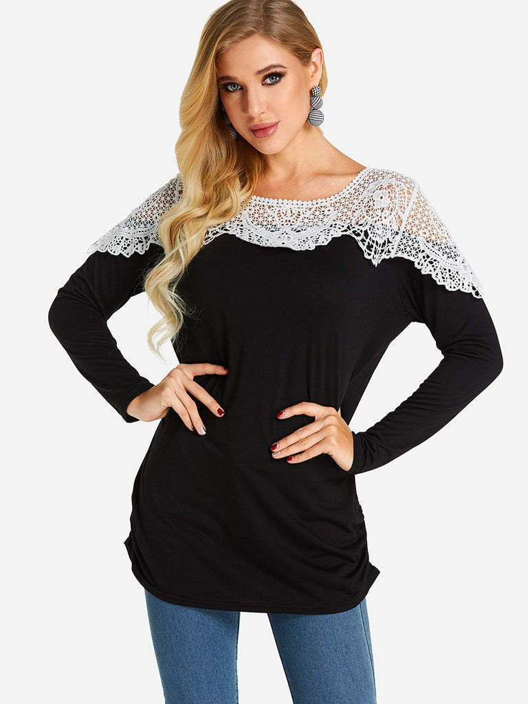 Crew Neck Plain Lace Long Sleeve T-Shirt