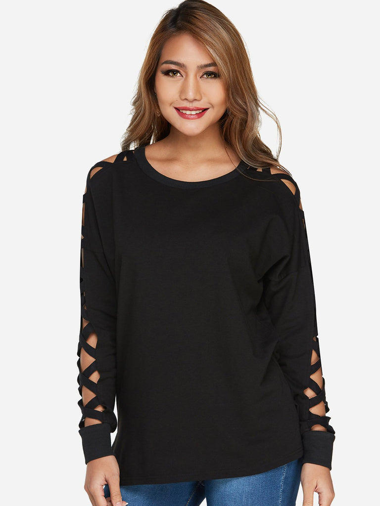 Scoop Neck Plain Hollow Lace-Up Cut Out Long Sleeve Black T-Shirts