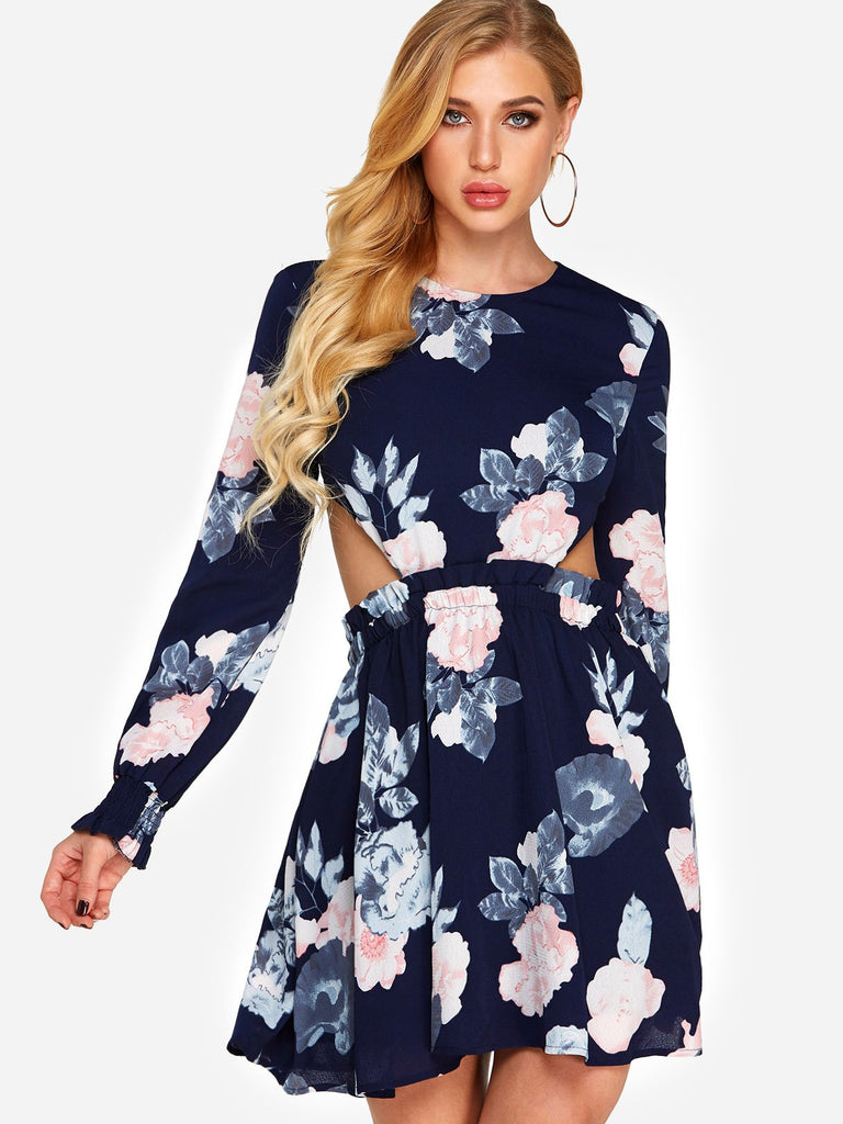 Navy Round Neck Long Sleeve Floral Print Backless Lace-Up Cut Out Dresses