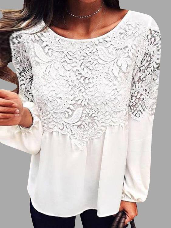 Round Neck Lace Hollow Long Sleeve White Top