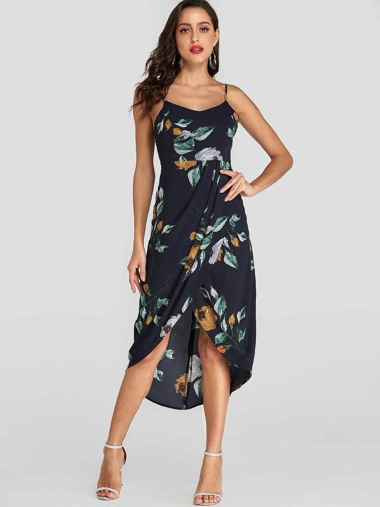 Navy Sleeveless Floral Print Backless Irregular Hem Dresses