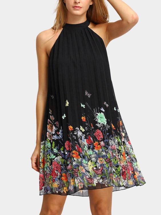 Black Halter Sleeveless Floral Print Pleated Dresses