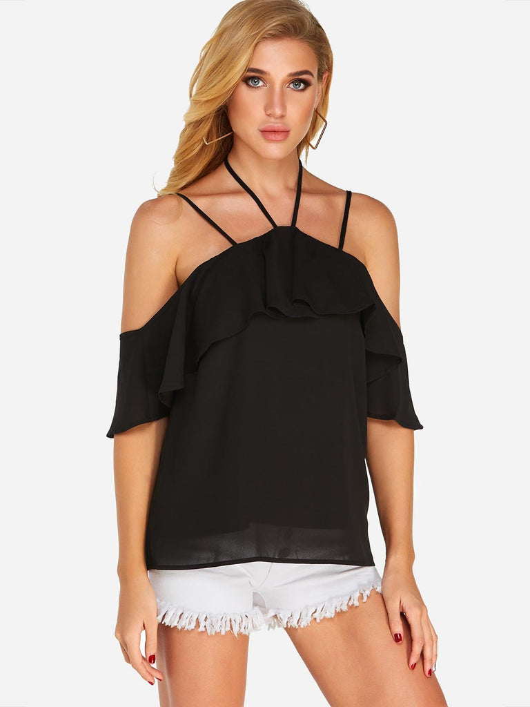 Halter Tiered Short Sleeve Black Blouses
