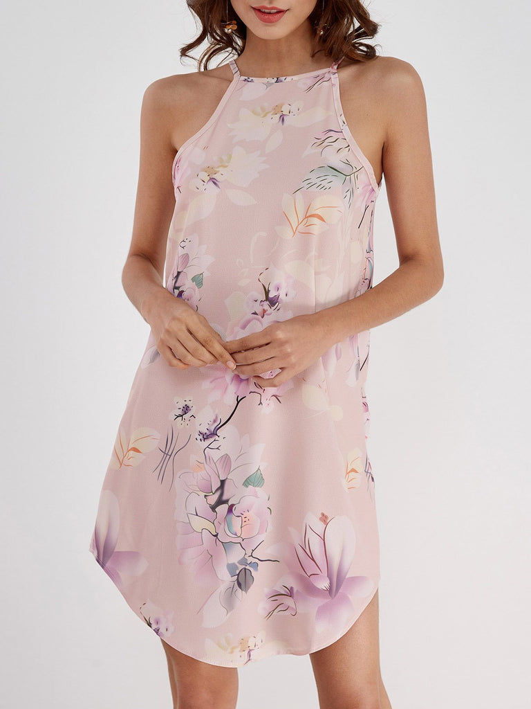 Pink Crew Neck Cold Shoulder Sleeveless Floral Print Curved Hem Dress