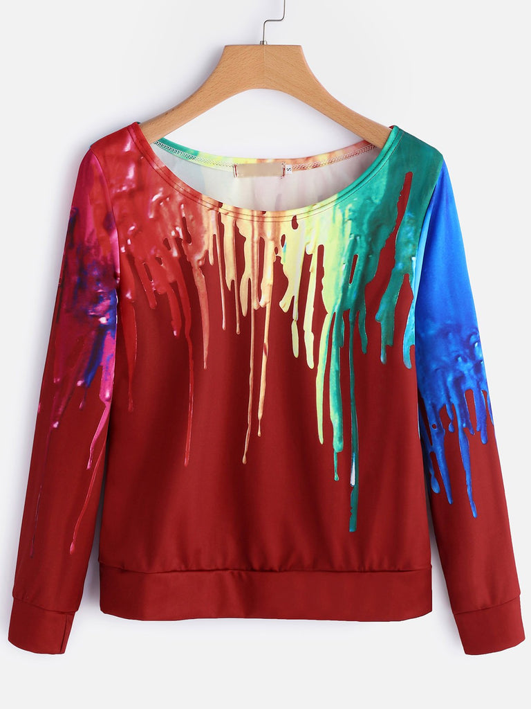 Round Neck Asymmetrical One Shoulder Fantasy Colour Long Sleeve Red T-Shirts
