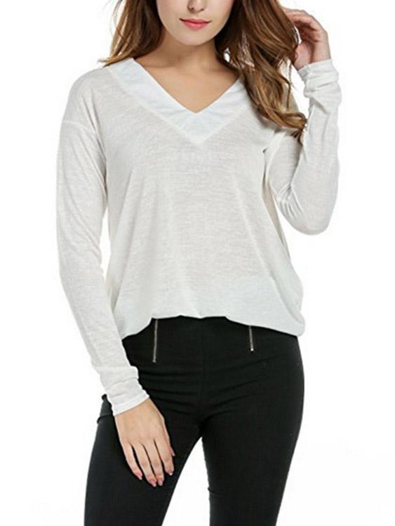 V-Neck Plain Long Sleeve White T-Shirt