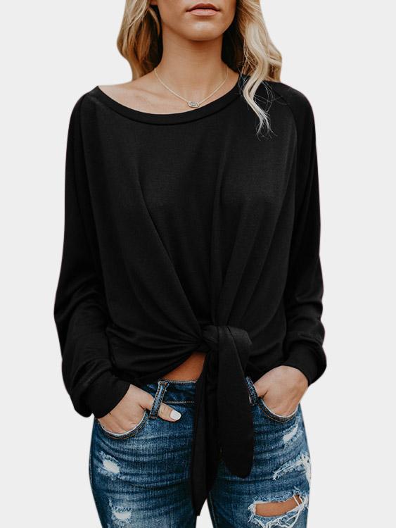 Round Neck Lace-Up Pleated Long Sleeve Irregular Hem Black Blouses