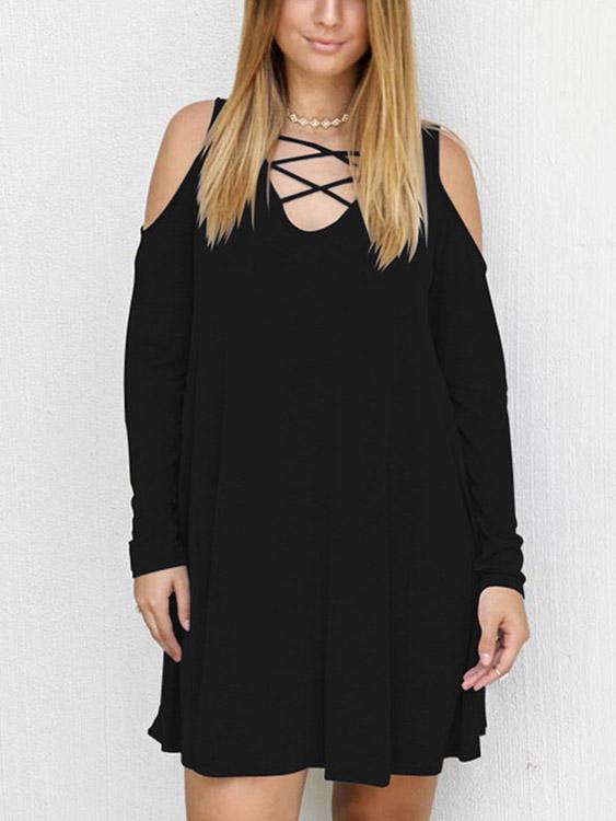 Black V-Neck Long Sleeve Plain Crossed Front Mini Dress