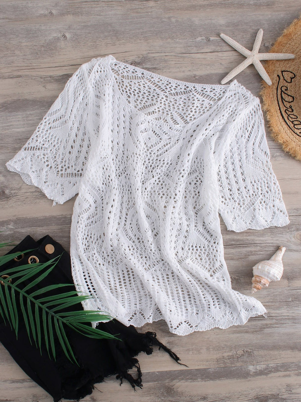 White Round Neck Short Sleeve Plain Cable Knit Wireless Beach Dresses