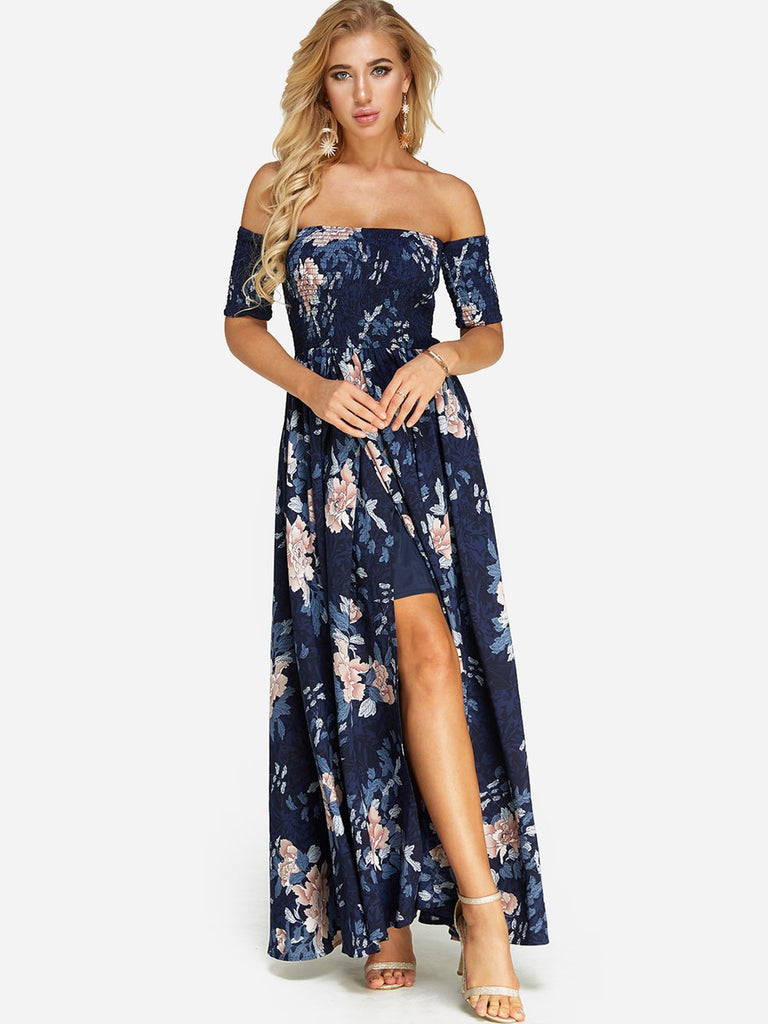 Navy Off The Shoulder Half Sleeve Floral Print Slit Hem Dresses