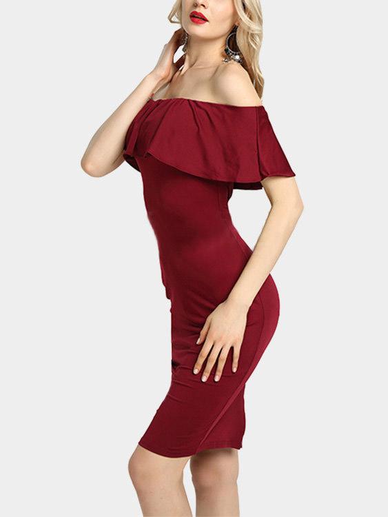 Burgundy Off The Shoulder Short Sleeve Wave Slit Dresses