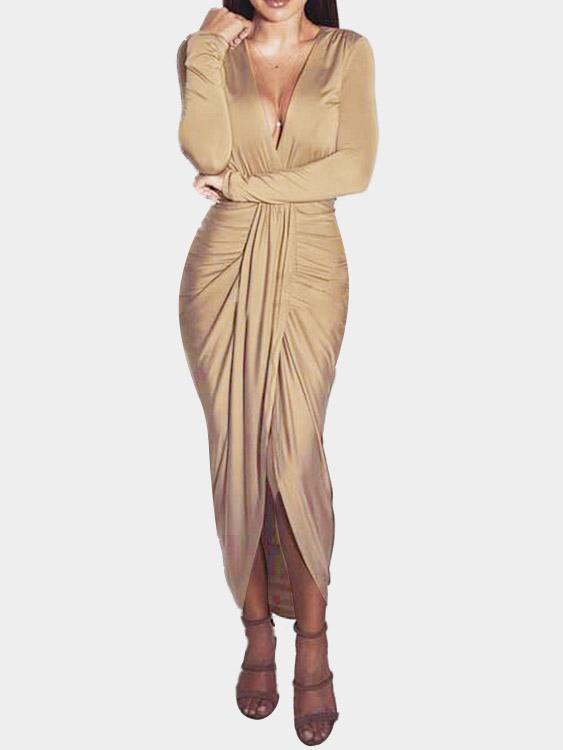 Khaki V-Neck Long Sleeve High Waist Maxi Dress