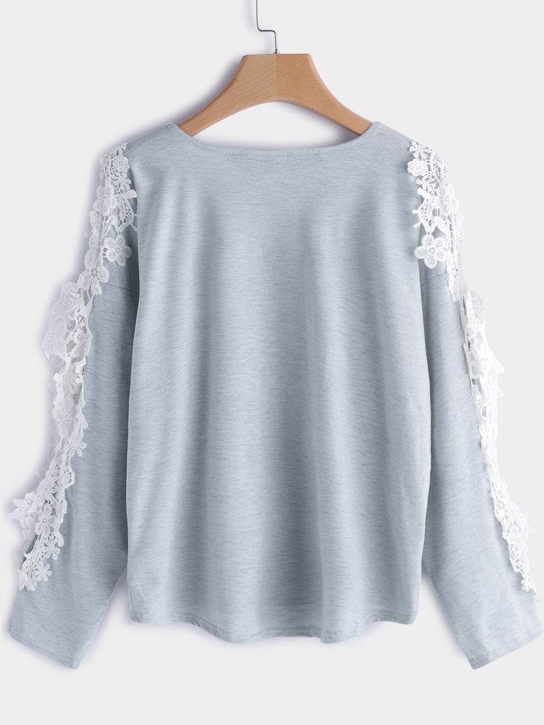 Round Neck Plain Lace Cut Out Long Sleeve Grey T-Shirts