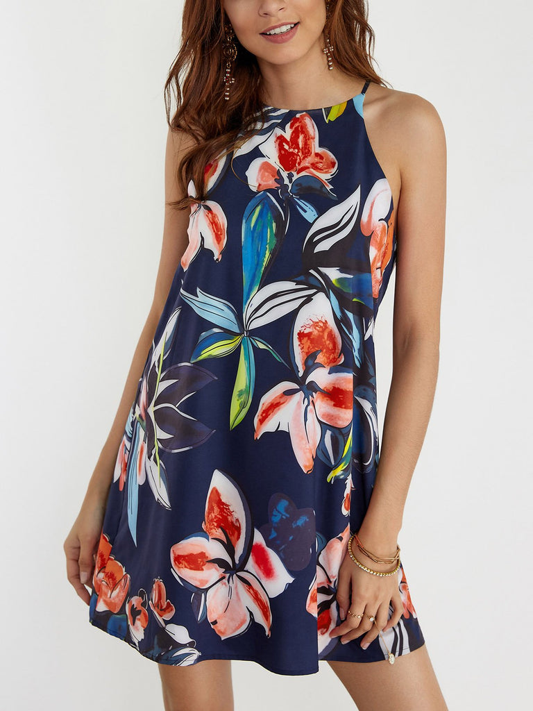 Halter Sleeveless Floral Print Curved Hem Dresses