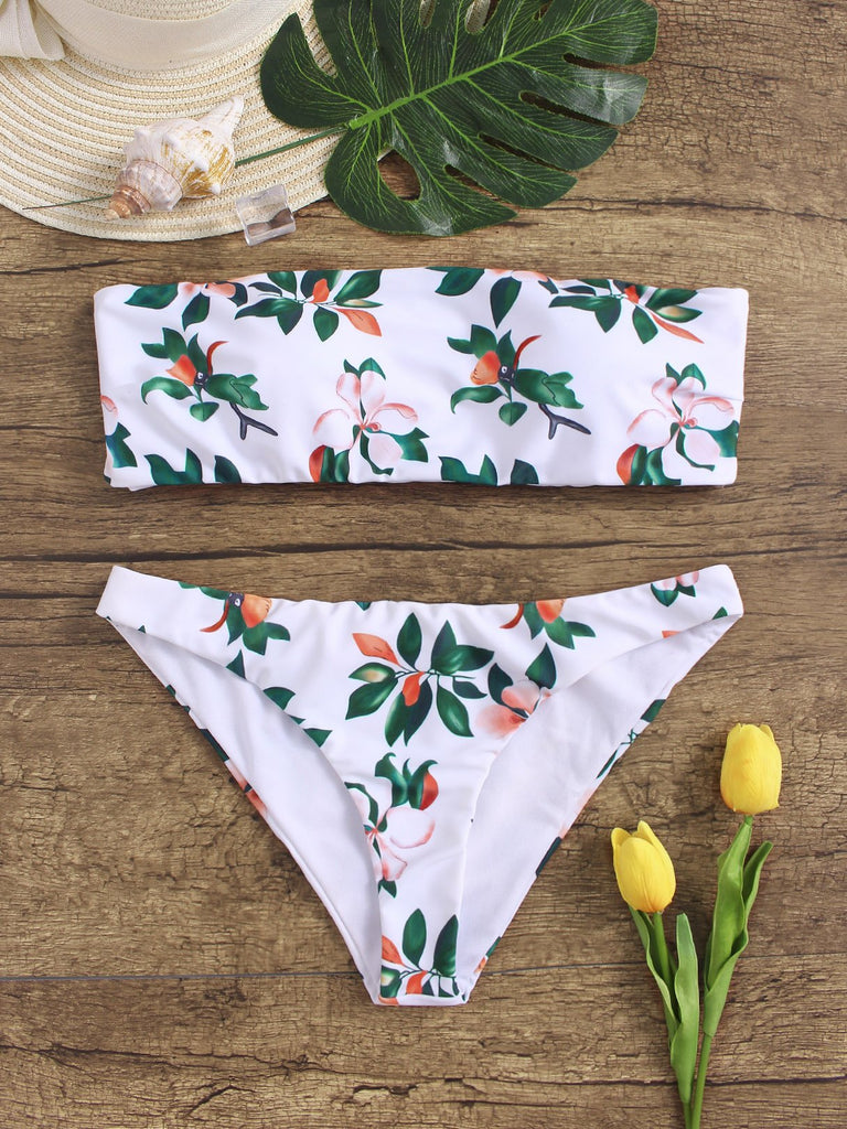 Strapless Off The Shoulder Sleeveless Floral Print Bodycon Bikinis