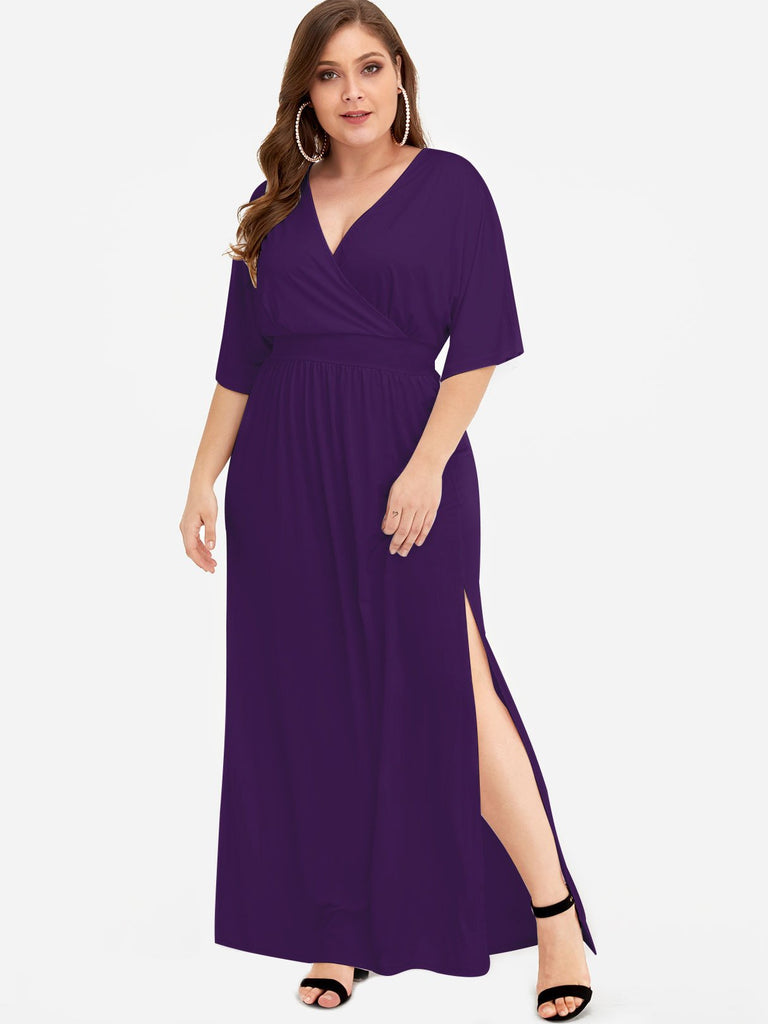 V-Neck Plain Cut Out Wrap Half Sleeve Slit Hem Plus Size Maxi Dresses