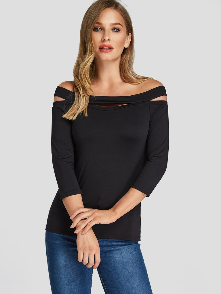 Off The Shoulder Hollow 3/4 Length Sleeve Black Top
