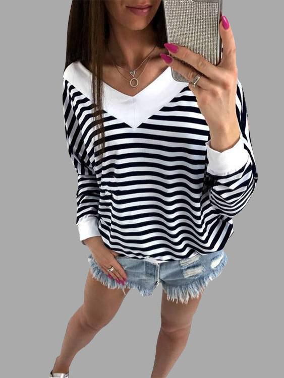 V-Neck Stripe Long Sleeve Top