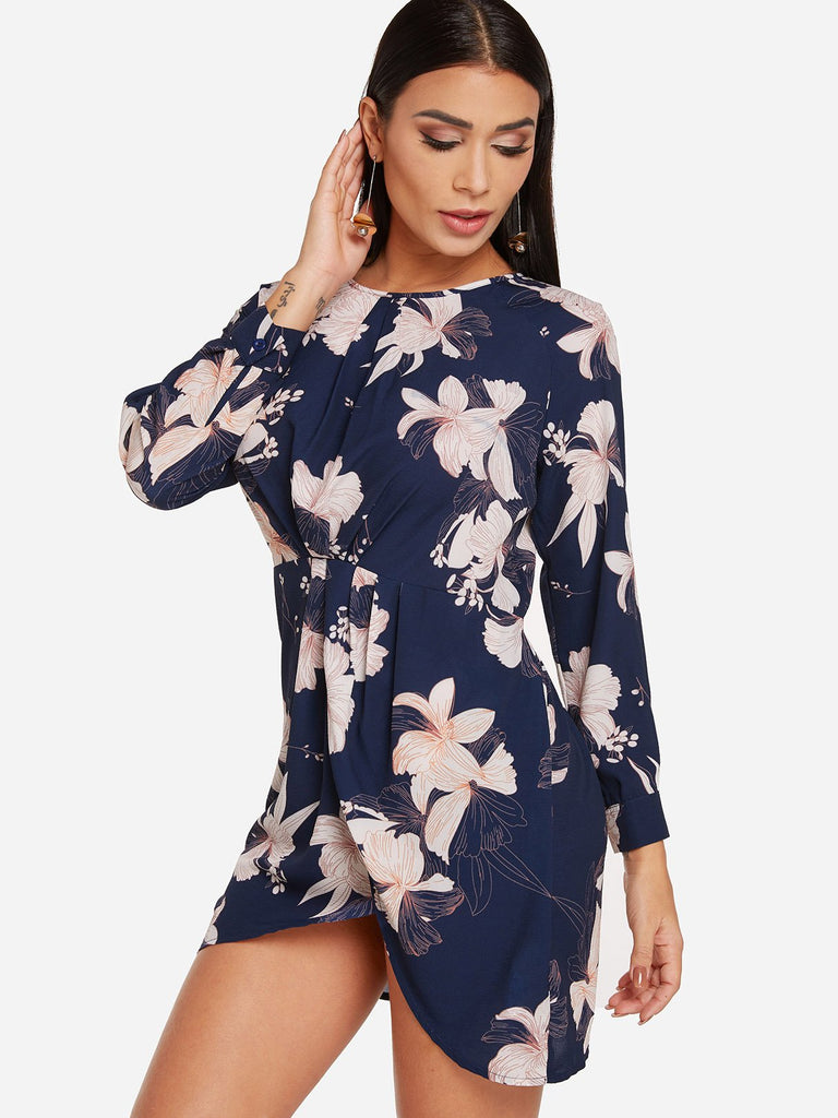 Navy Round Neck Long Sleeve Floral Print Wrap Dresses