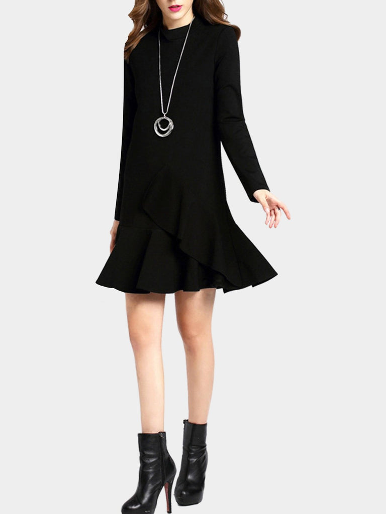 Chimney Collar Zip Back Long Sleeve Flounced Hem Black Mini Dress