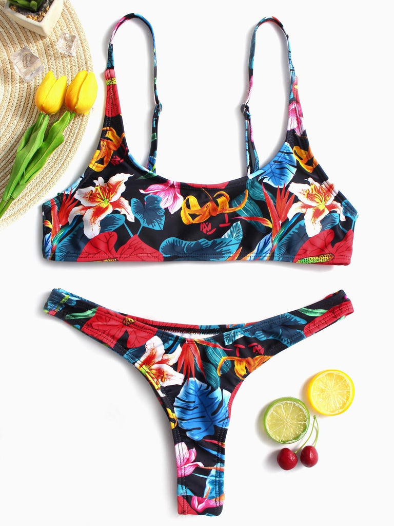 Scoop Neck Sleeveless Floral Print Backless Spaghetti Strap Bikinis