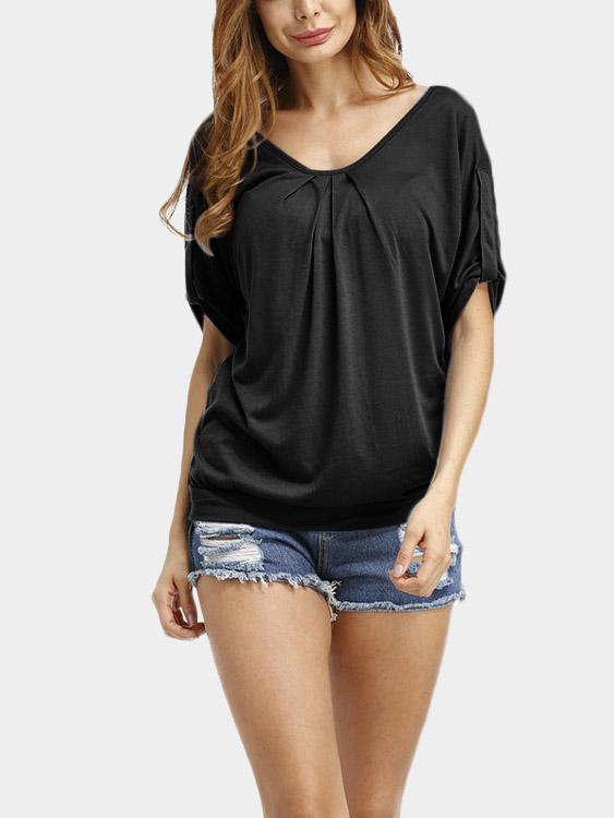 Round Neck Plain Cut Out Pleated 3/4 Sleeve Black T-Shirts