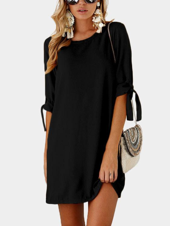 Crew Neck Half Sleeve Plain Self-Tie Mini Dresses