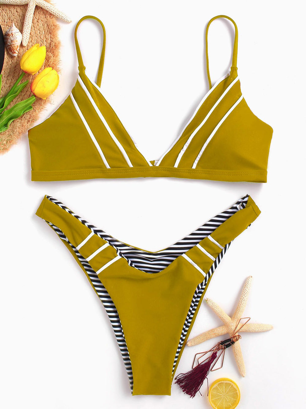 Yellow V-Neck Sleeveless Stripe Bikini Set Swimwear