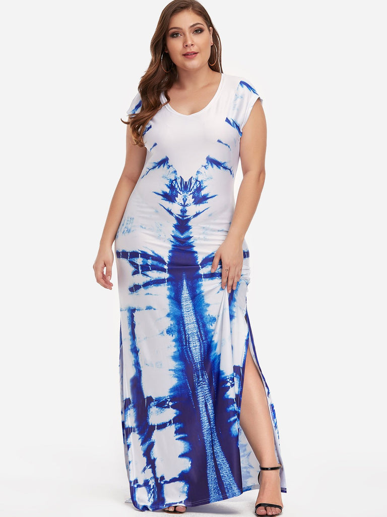 Round Neck Short Sleeve Slit Hem Plus Size Maxi Dresses