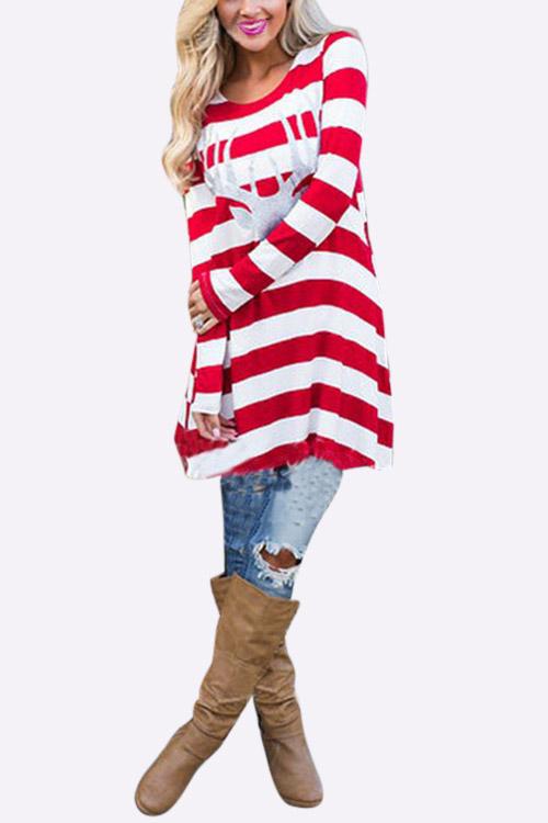 Round Neck Long Sleeve Stripe Casual Dress