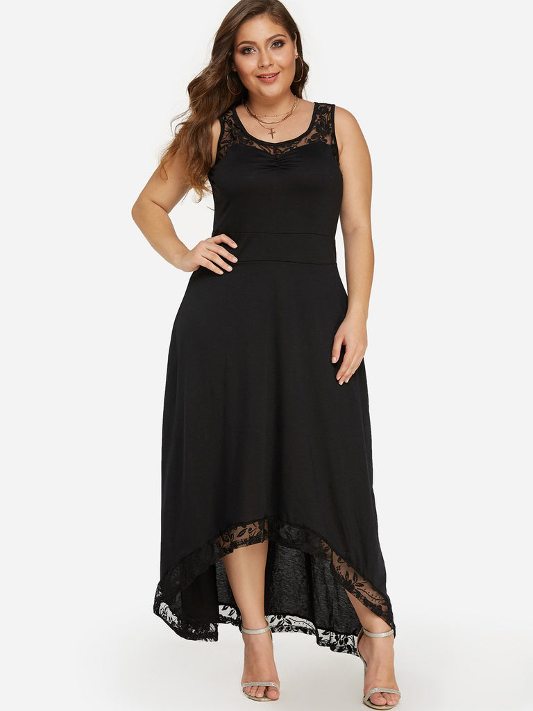 Round Neck Plain Lace Sleeveless High-Low Hem Black Plus Size Maxi Dresses