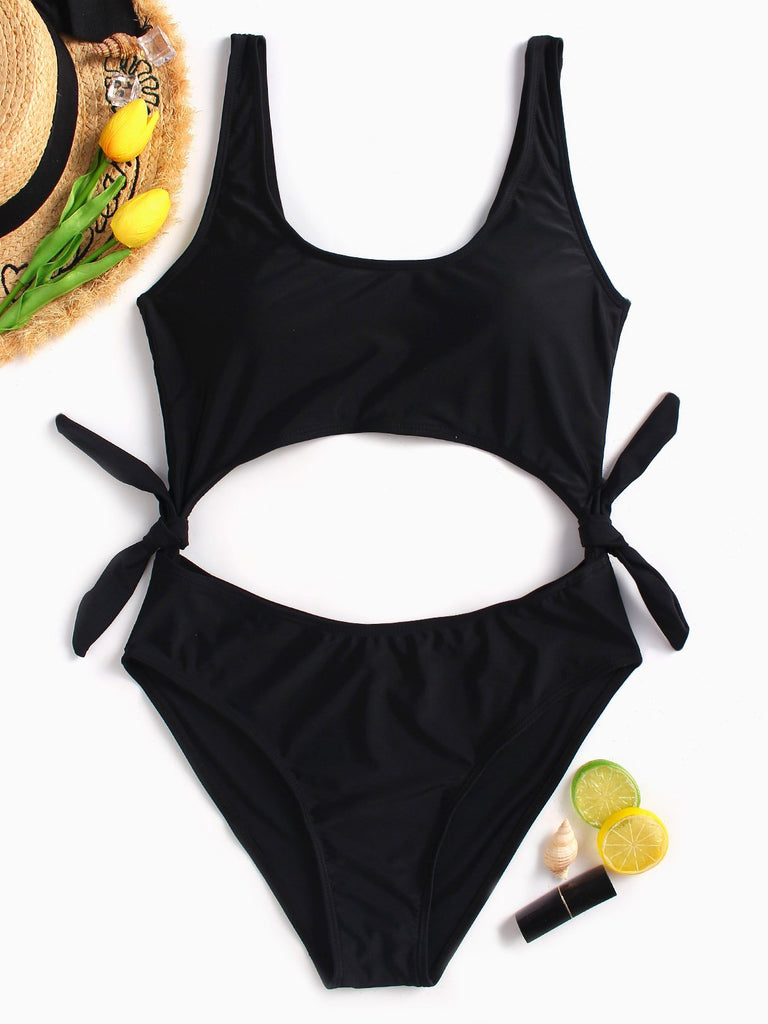 Black Scoop Neck Sleeveless Plain Bowknot High-Waisted One-Pieces