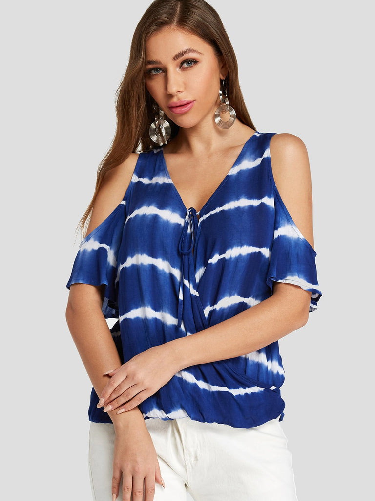 Deep V Neck Stripe Crossed Front Half Sleeve Blue Blouses