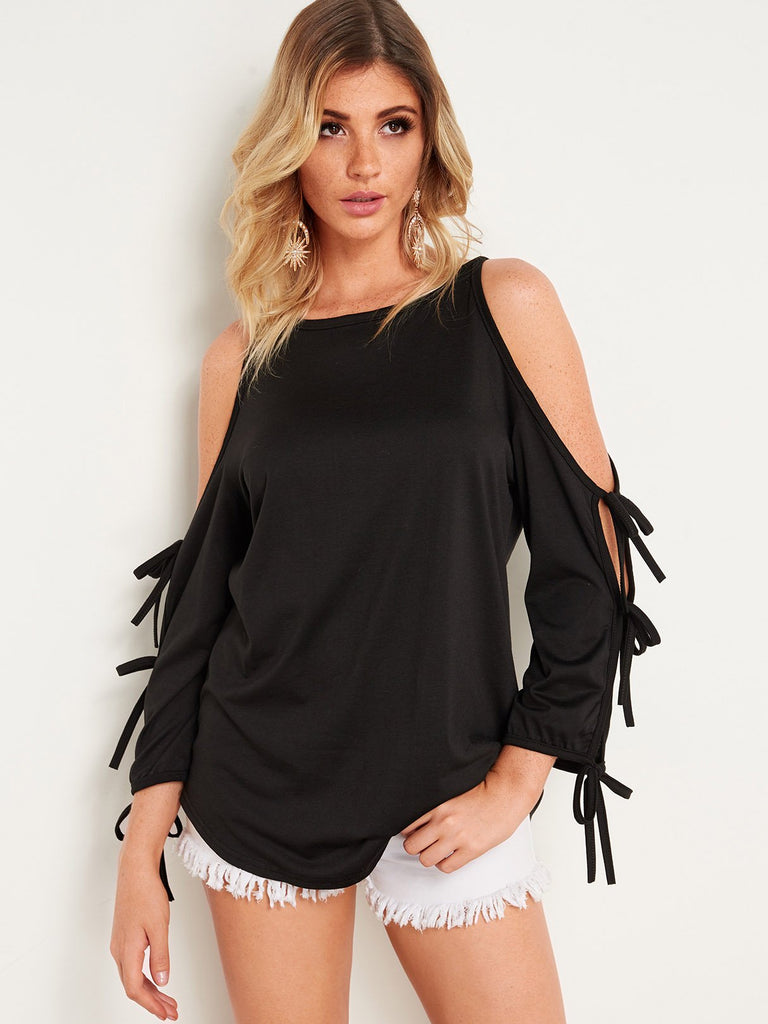 Round Neck Cold Shoulder Lace-Up Cut Out Long Sleeve Black T-Shirts