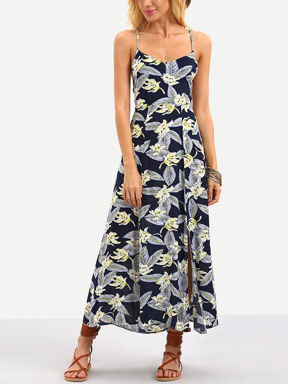 Navy Sleeveless Floral Print Lace-Up Maxi Dress