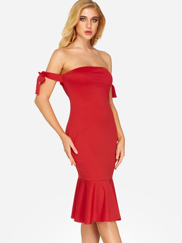 Red Off The Shoulder Sleeveless Zip Back Self-Tie Flounced Hem Dresses