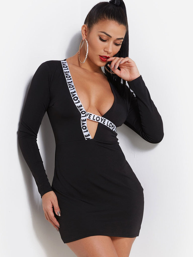 Black Deep V Neck Long Sleeve Letter Bodycon Dresses