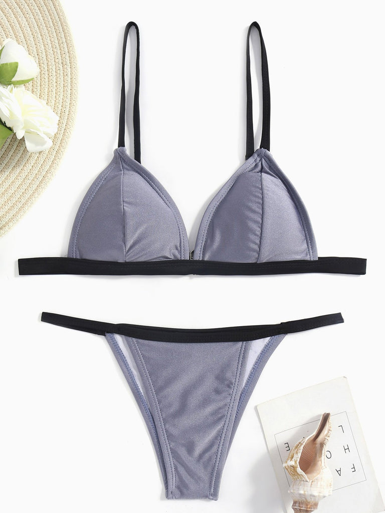 Grey V-Neck Sleeveless Two Piece Bikinis