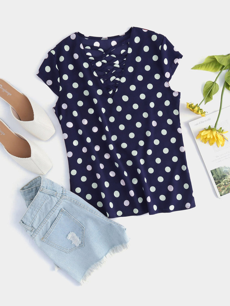 Crossed Collar Polka Dot Criss-Cross Short Sleeve T-Shirts