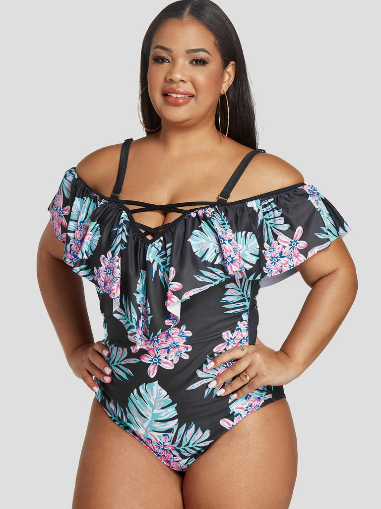 Off The Shoulder Floral Print Crossed Front Short Sleeve Black Plus Size Swimwear