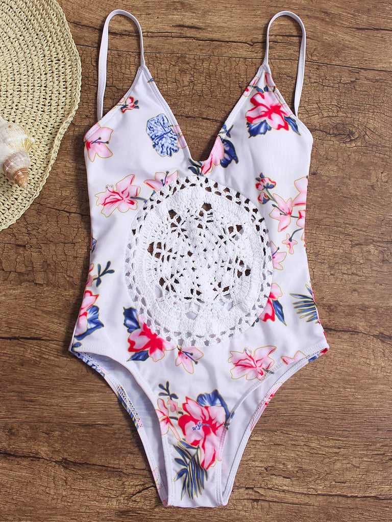 V-Neck Sleeveless Floral Printed Crochet Lace Embellished Backless Hollow One-Pieces Swimsuits